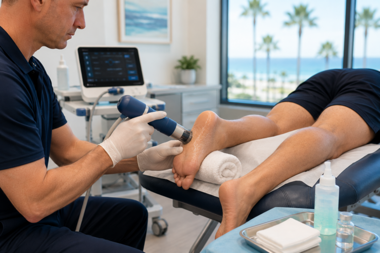 image showing a clinician applying a shockwave therapy applicator to a patient's Achilles tendon at a Carlsbad clinic