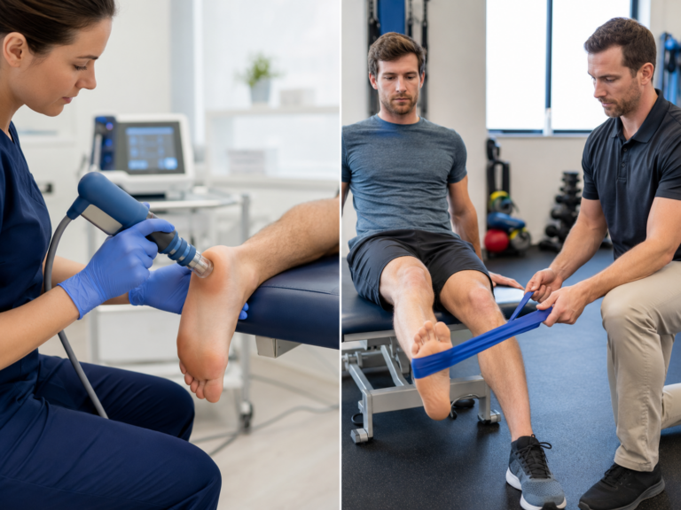 Side-by-side image of a clinician applying a shockwave therapy device to a patient's heel next to a physical therapist guiding a patient through a resistance exercise
