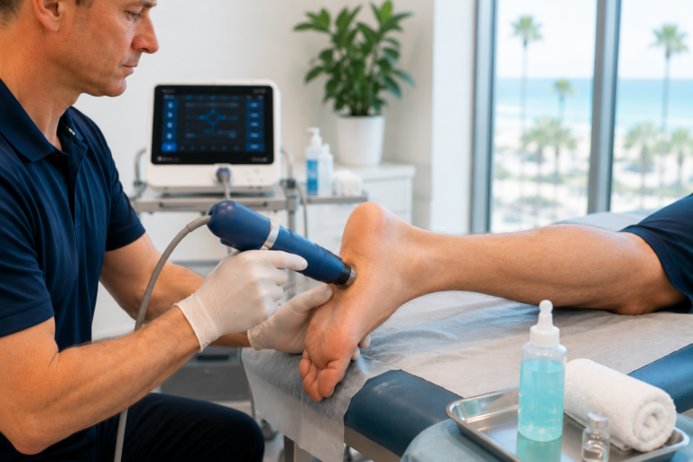 image showing a clinician applying a handheld shockwave therapy device to a patient's heel during a treatment session in a modern Carlsbad clinic