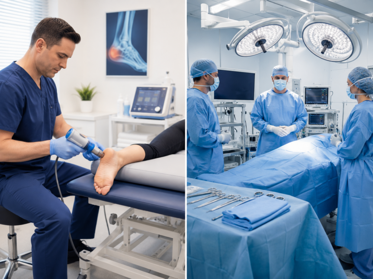 Side-by-side comparison of a patient receiving non-invasive shockwave therapy on the heel versus a surgical operating room setup