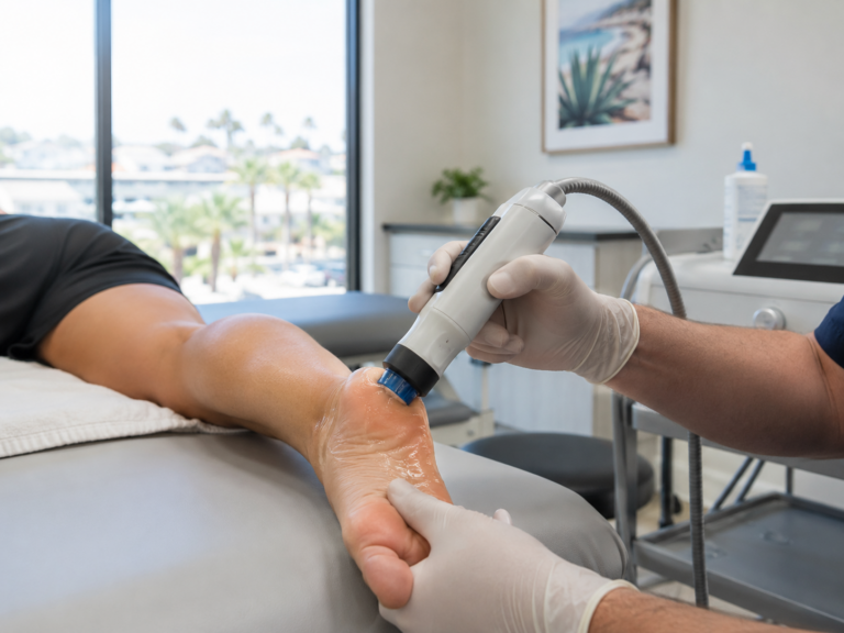 image showing a patient receiving shockwave therapy on the heel and arch of the foot at a Carlsbad clinic