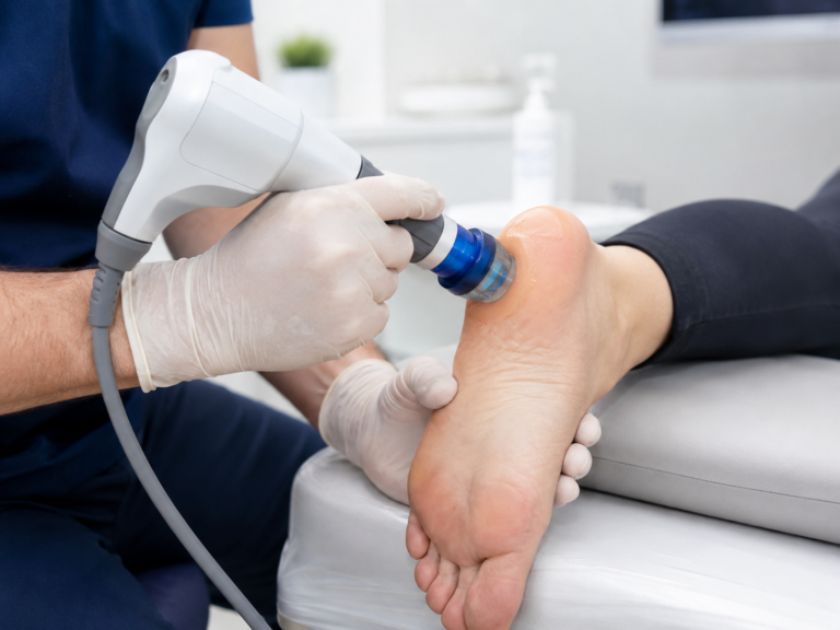 Close-up of a shockwave therapy applicator treating a patient's heel for plantar fasciitis