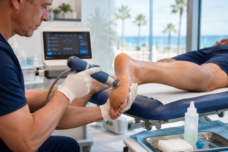 A clinician applying a shockwave therapy applicator to a patient's heel during a treatment session in a bright Carlsbad clinic room.