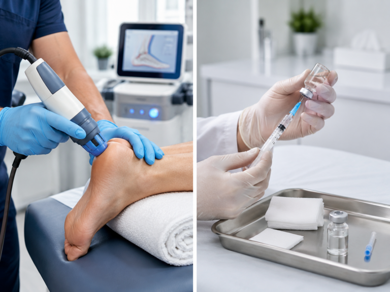 Side-by-side comparison showing a clinician applying a shockwave therapy device to a patient's heel next to a clinician preparing a cortisone injection