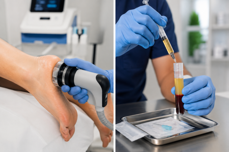 Side-by-side comparison graphic showing a shockwave therapy device applicator on a patient's heel versus a PRP injection being prepared from a vial of concentrated blood plasma