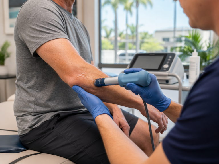 image showing a clinician applying a shockwave therapy handpiece to a patient's outer elbow in a modern Carlsbad clinic treatment room
