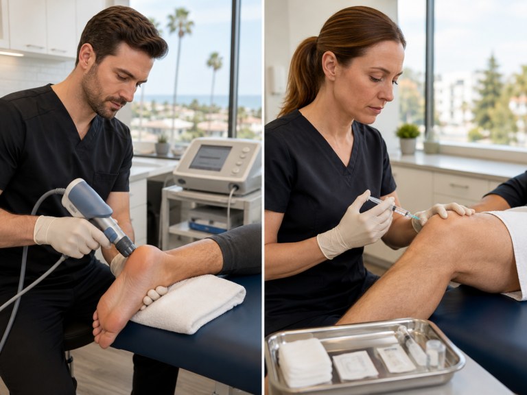Split-screen graphic comparing a shockwave therapy handpiece on a patient's heel versus a prolotherapy injection into a knee joint, with a San Diego clinic backdrop