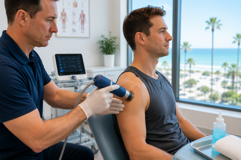 Clinician positioning a shockwave therapy handpiece on a patient's shoulder during a treatment session in a modern Carlsbad clinic