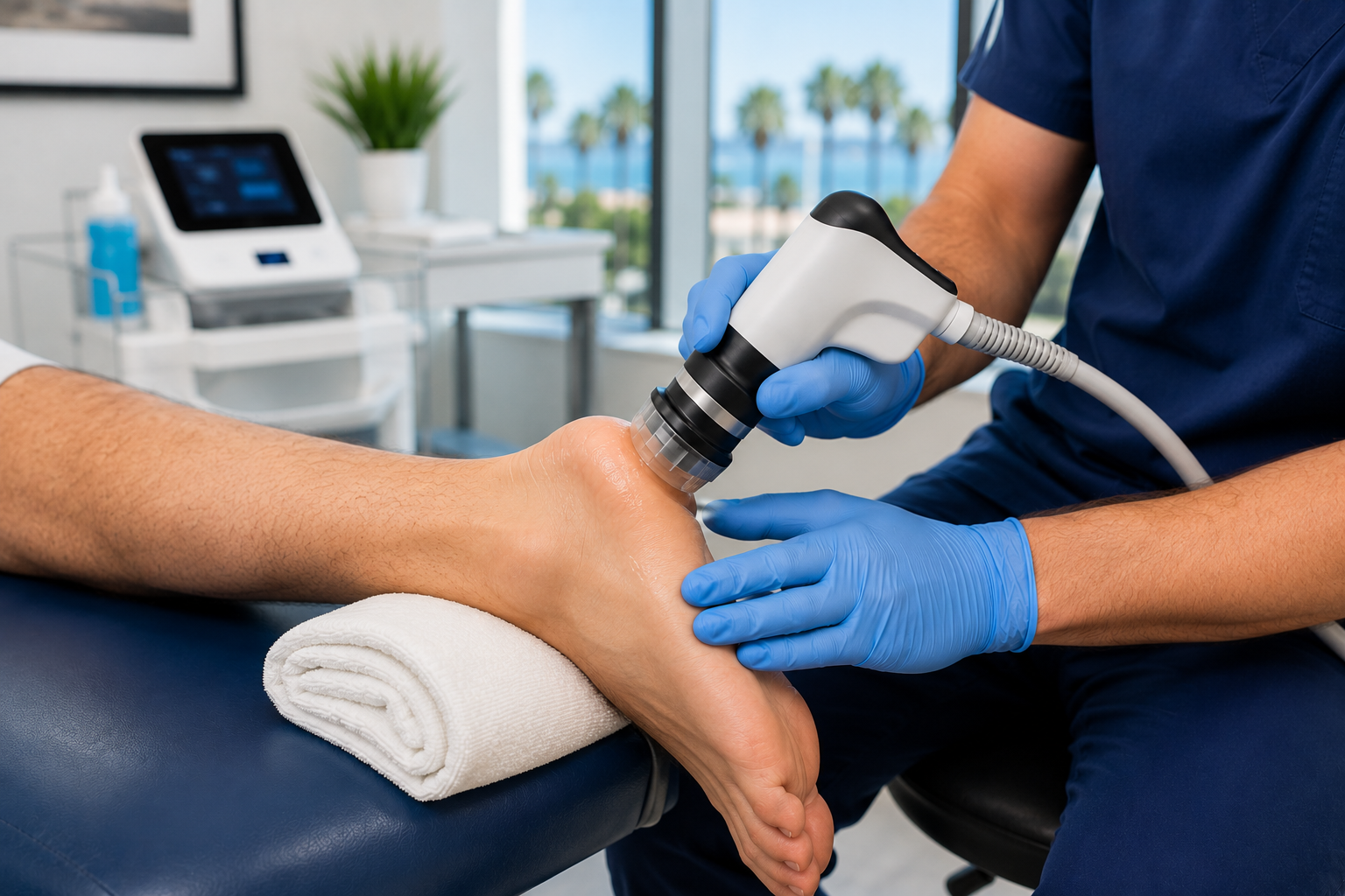 Close-up of a clinician administering shockwave therapy to a patient's Achilles tendon in a bright modern San Diego clinic