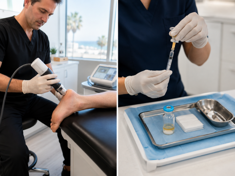 Split-screen comparison showing a shockwave therapy device applied to a patient's heel on the left and a stem cell injection being prepared on the right, in a bright San Diego clinic setting